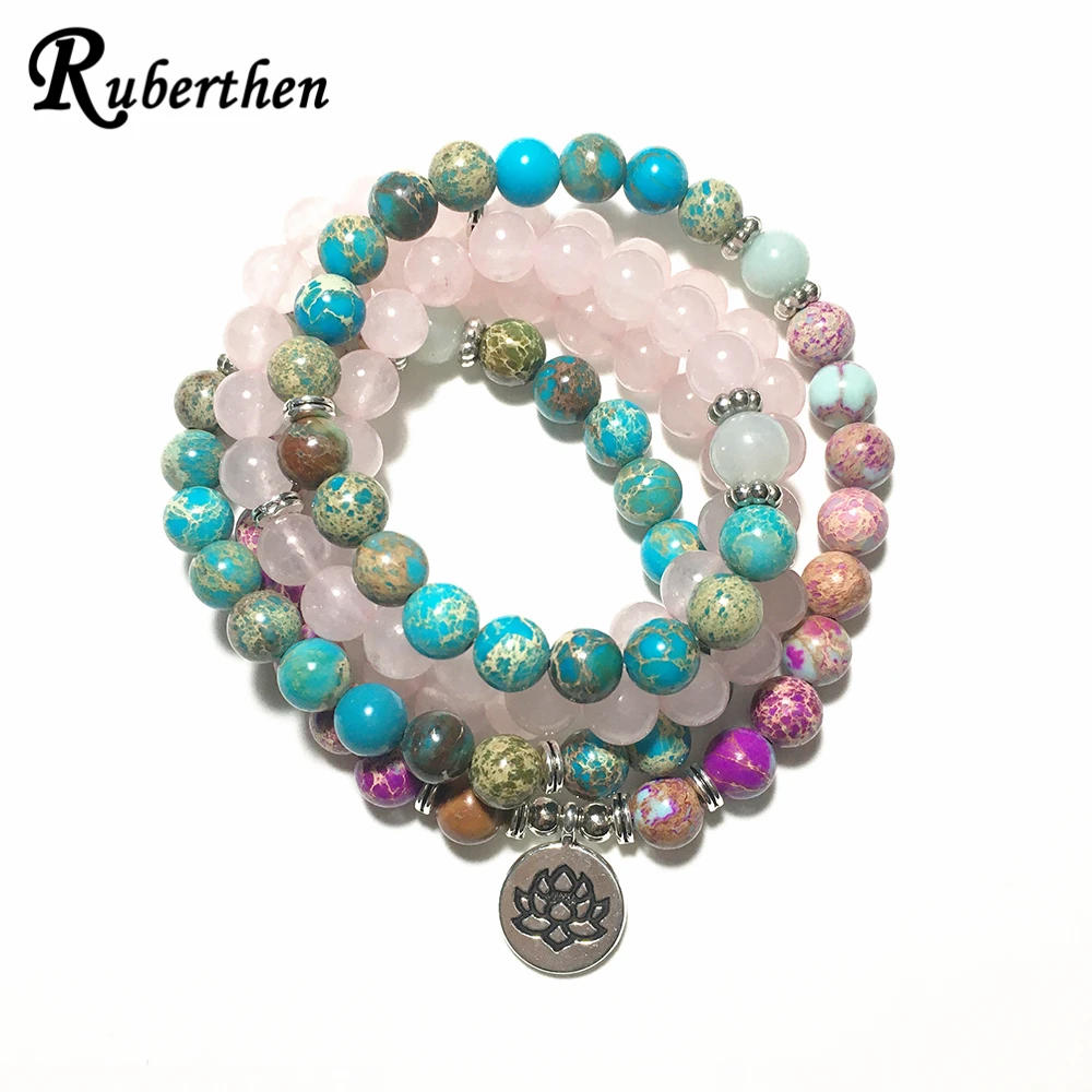 

Ruberthen New Design Lotus 108 Mala Bracelet Rose Qaurtz Blue Regalite Jasper Bracelet Imperial Stone Mala Beads Yoga Jewelry