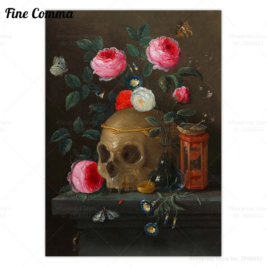 Vanitas Still Life Jan van Kessel the Elder Vintage Skull Poster Memento Mori Flower Canvas Print Horro Macabre Wall Art Decor