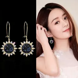 New Personality Cold Wind Long Sunflower Earrings Circle Sunflower Crystal Earrings Wholesale Drop Earrings Jewelry Earrings