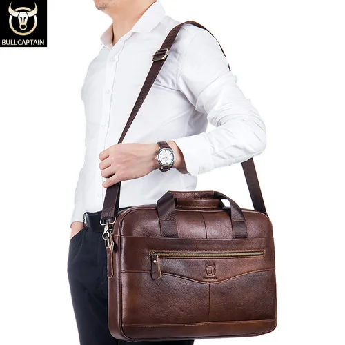 Imagen 2 del producto Maletín BULLCAPTAIN, bolsas de mensajero de hombro, bolso para ordenador portátil de 14 pulgadas de cuero genuino para hombre, maletín para hombre, bolso de negocios para oficina