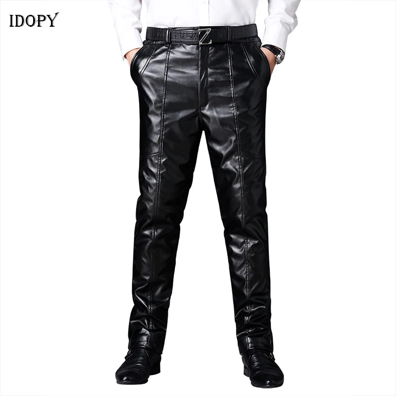 

Idopy Men`s Winter Faux Leather Pants Stretchy Business Casual Thicken Fleece Lined Warm Fur PU Trousers Slacks For Male