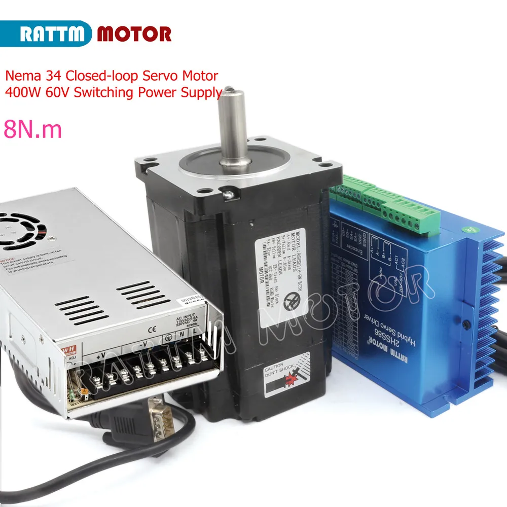 8N.m Nema 34 Closed loop servo motor kit 2HSS86 Hybrid Driver with 400W 60V Switch Power Supply CNC Router Milling Kit