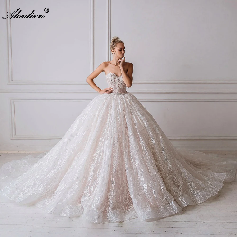 

Alonlivn Gorgeous Lace Princess Wedding Dresses with Beading Pearls Sweetheart Full Lace Ball Gown Bride Dresses Chapel Train