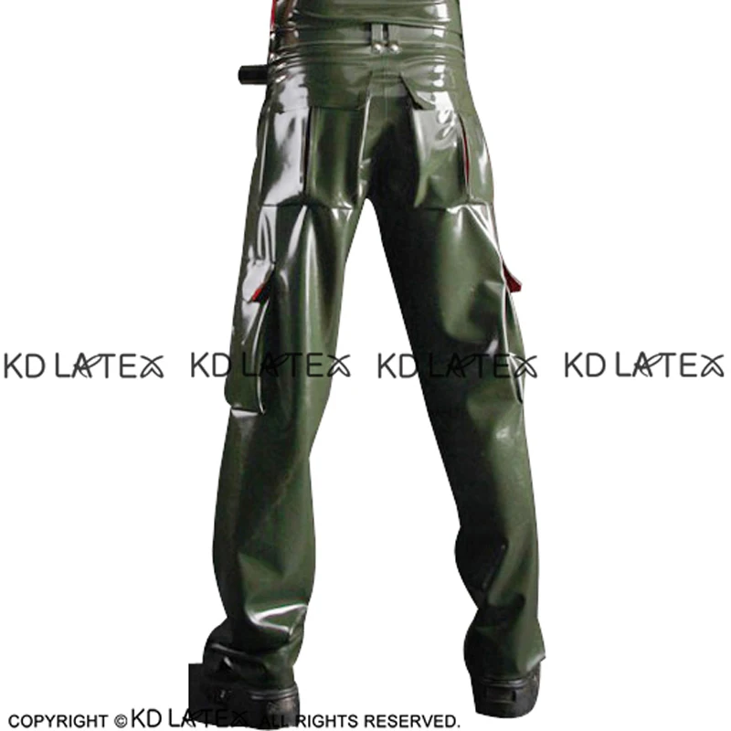 Olive Green And Red Trims Sexy Latex Cargo Pants With Pockets Long Rubber Trousers Bottoms CK-0069