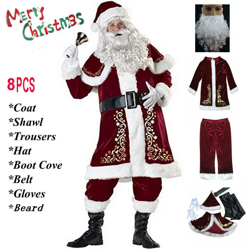 Uomo babbo natale vestito adulto natale Costume Cosplay rosso Deluxe velluto fantasia 8 pezzi Set Xmas Party Family Costume outfit