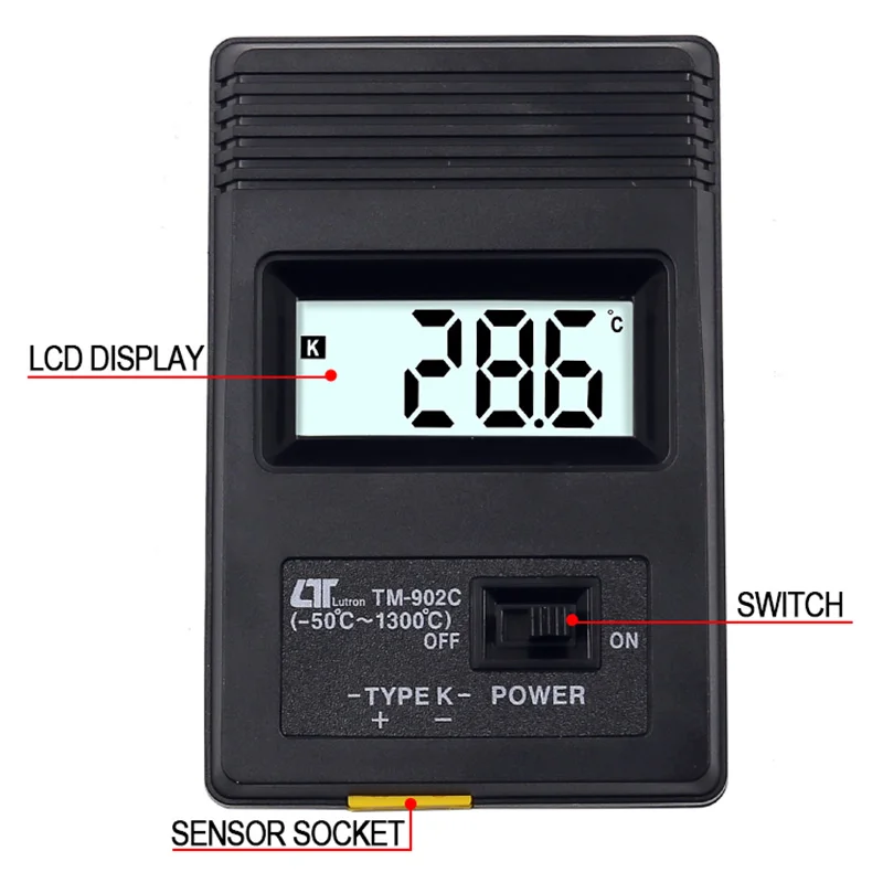 Imagem -04 - tipo Digital Lcd Detector de Temperatura Termômetro Medidor Termodetector Industrial Sonda Termopar Tm-902c Preto k