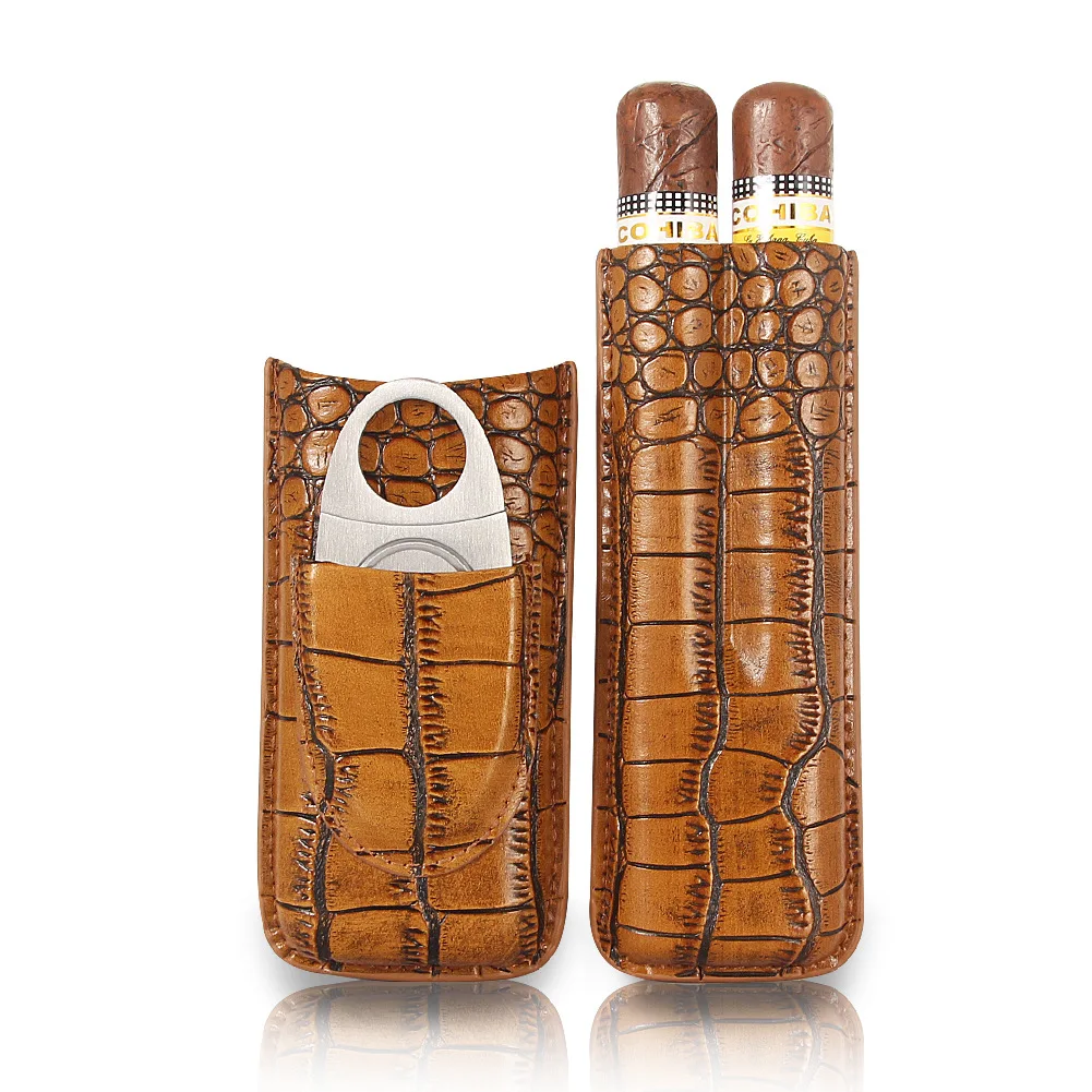 Travel Leather Cigar Humidor Handmade Super Cigar Tube Cover with Cigar Cutter Set