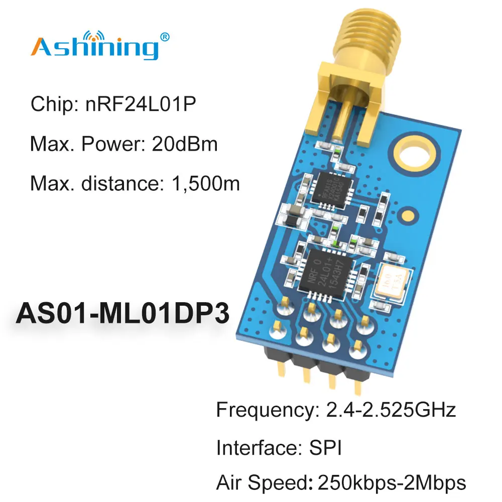 2.4GHz 100mW Industrial Wireless Data Transceiver Module AS01-ML01DP3 SMA Connector nRF24L01P PA LNA