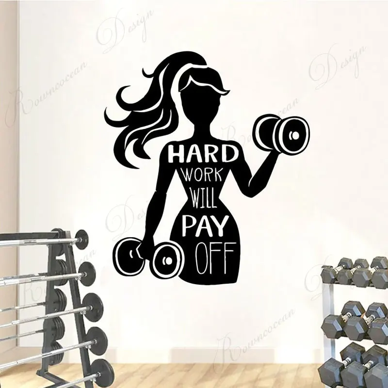 

Hard Work Will Pay Off Quotes Fitness Girl Vinyl Wall Sticker Workout Gym Club Decor Motivational Decals Wallpaper Murals 4201