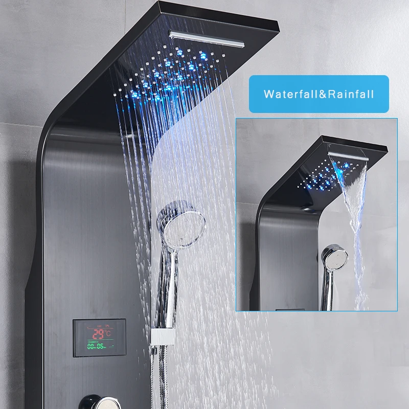 Wall Mount Black Shower Panel Shower Column  LED Waterfall Shower Faucet Set With Bidet Sprayer Massage Temperature Display