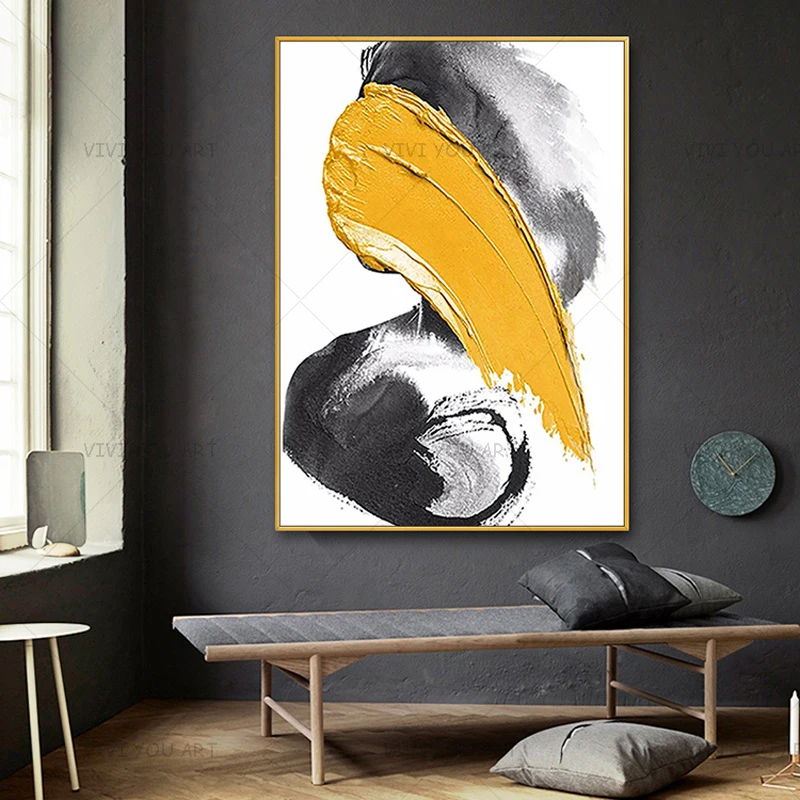 Handmade Black Yellow Bold Stroke Canvas Art, Hand Painted Abstract Texture Oil Painting, Mid Century Modern Entryway Decor