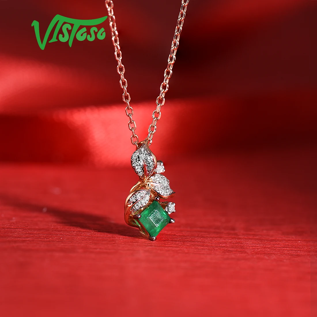 VISTOSO Gold Pendants For Women Authentic 14K 585 Rose Gold Leaves Magic Emerald Sparkling Diamond Pendant Elegant Fine Jewelry