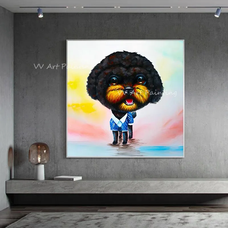 

100% Handmade cute dog black hair with colorful canvas beautiful oil painting Wall Art on Canvas Abstract Pictures Kid's Room