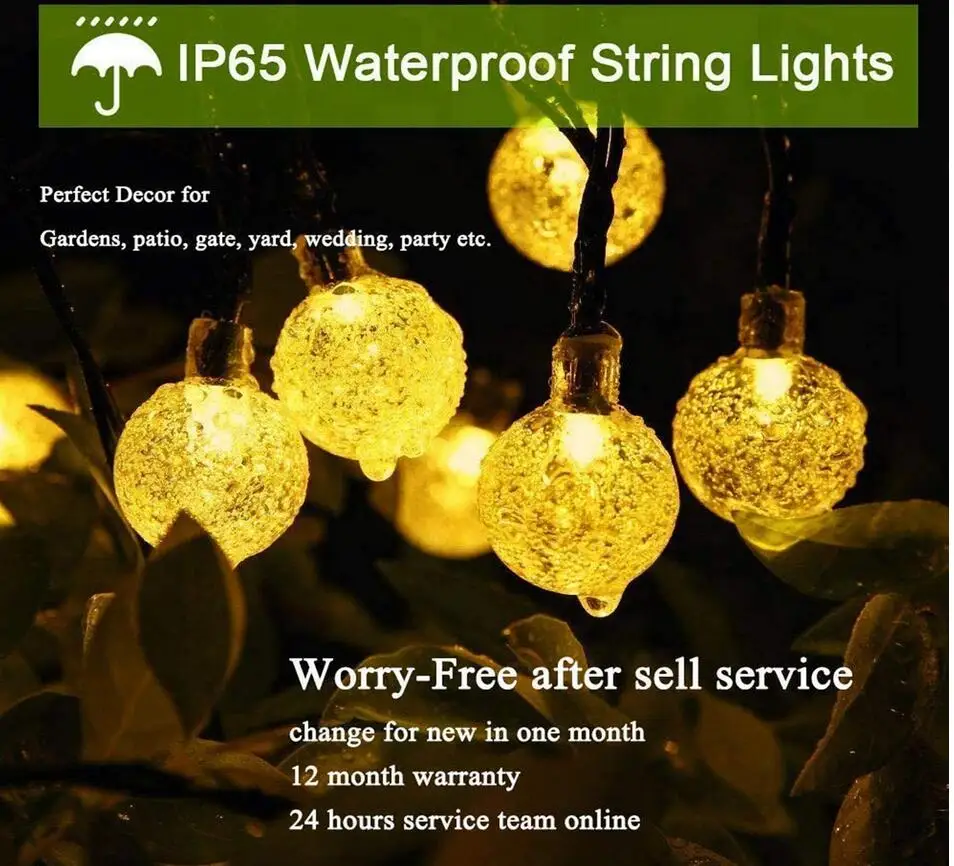 ソーラーストリングライト。ledクリスタルボール装飾22フィートled屋外ライト防水、パティオガーデンを飾るためのガーランドライト