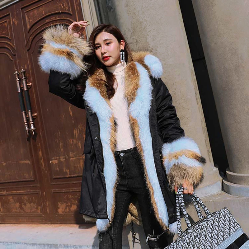 Pai overcome the new winter coat jacket real fox fur collar hooded fur liner mid-length coat loose casual wear thickening