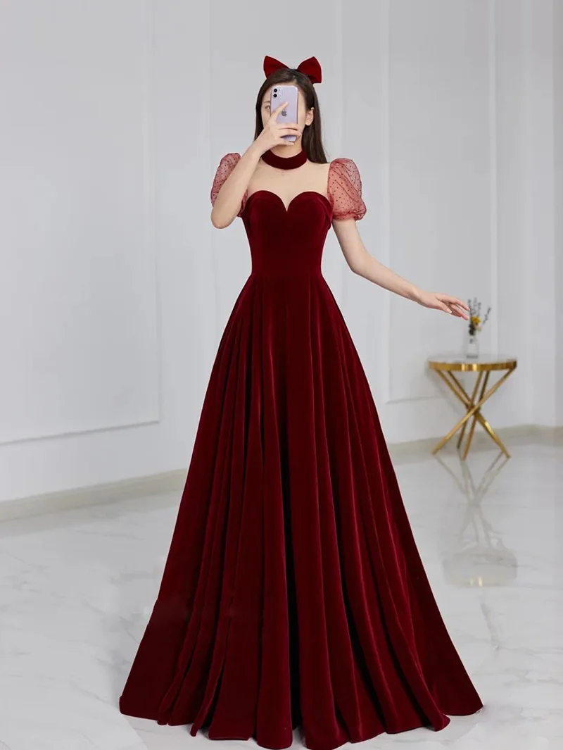 

Elegant Puff Sleeve Velour A-Line Evening Dress Back Bandage Formal Gowns Cheongsam Robe De Soiree Vestidos Size XS-3XL