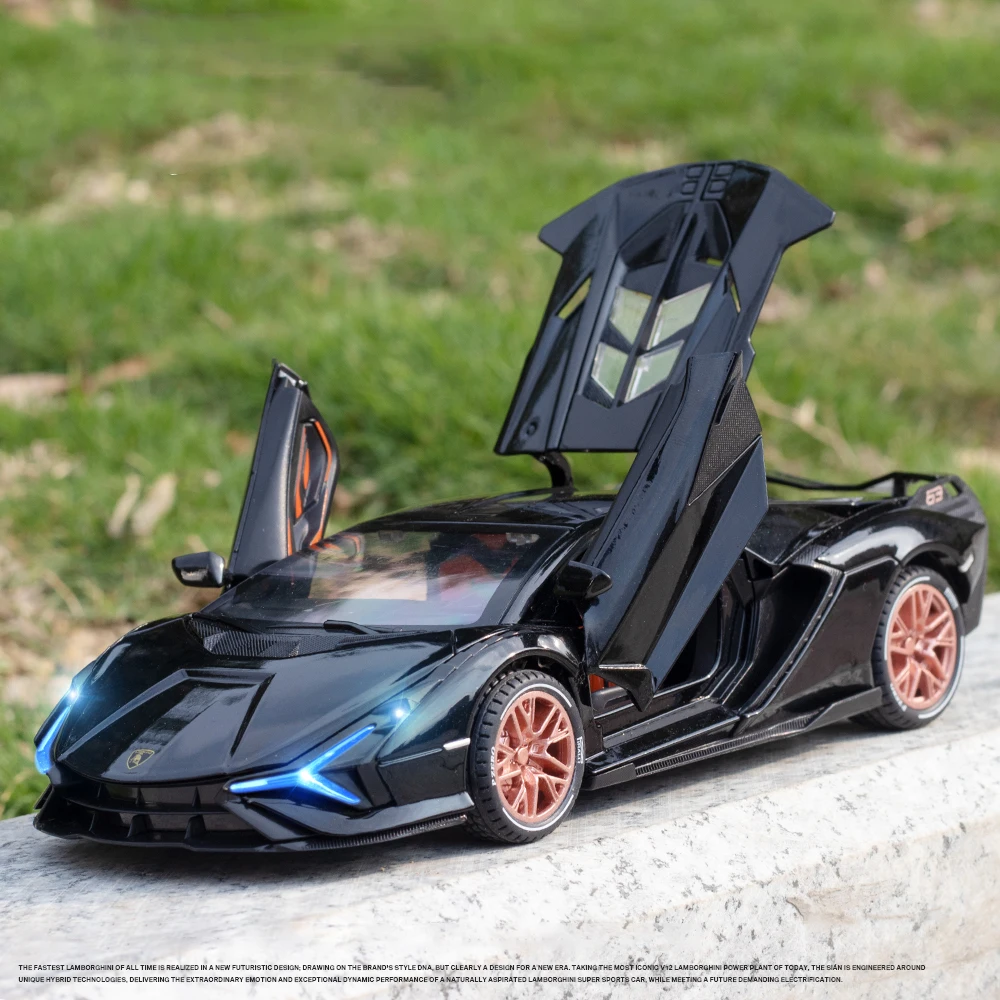 Lambos Sian FKP37 modelo de carro esportivo, 1:24, som fundido, super corrida, cauda de elevação, roda de carro quente para crianças, presentes, novo