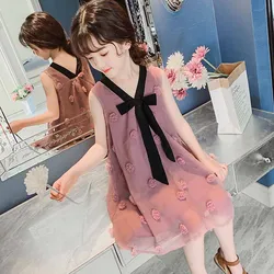 Summer Girls Dress 2021 New Korean Style Applique Bow Little Fairy European American Princess Dress Children'S  Clothing 4-13