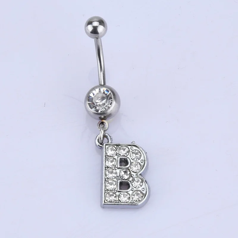 Letters A-Z Belly Button Ring Navel Piercing Bar Dangling Stud Crystal Stainless Steel Zircon for Woman Body Jewelry 14G