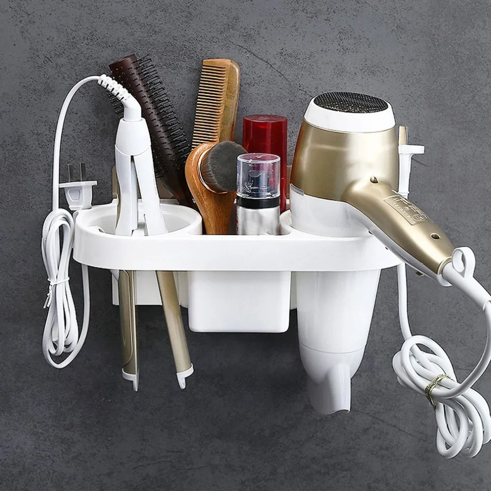 Hair Dryer Holder Multifunction Bathroom Storage Shower Organizer Self-adhesive Wall Mounted Plastic Shelf Shampoo Straightener