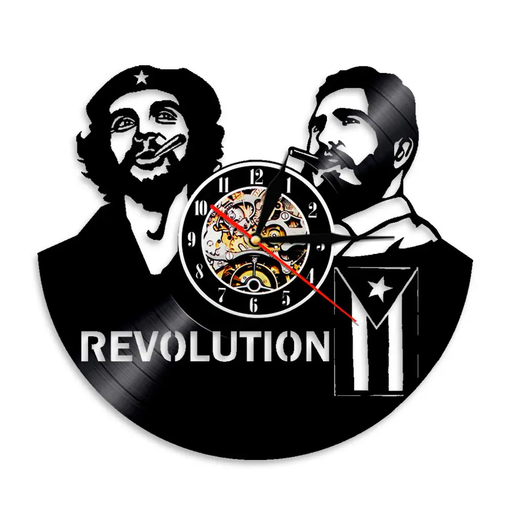 Fidel Castro Che Guevara Cuban Vinyl Record Wall Clock Havana Cuba Revolution Wall Clock Watch Decor Viva Cuba Libre Cuban Flag