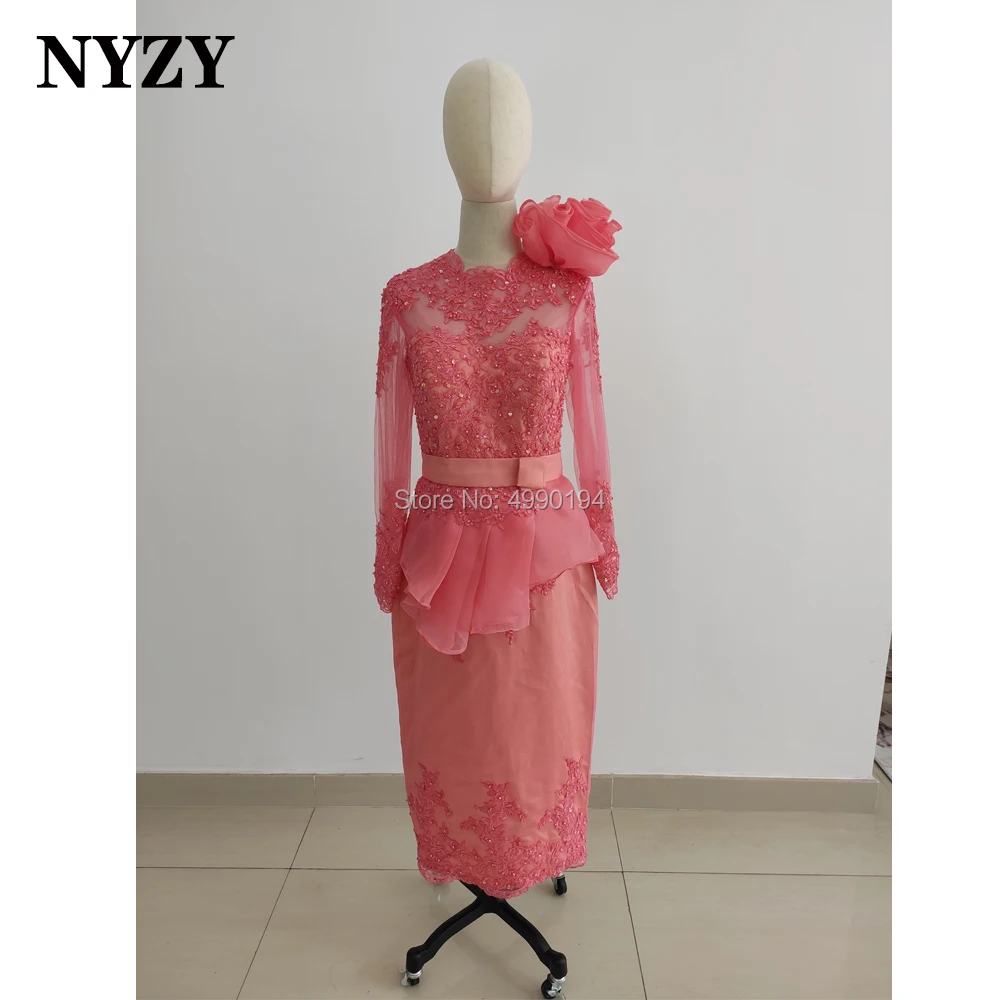 NYZY E253 Coral Lace Long Sleeves Tea Length Mother of the Bride Groom Dresses 2020 vestidos elegantes Wedding Party Gown