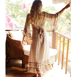 TEELYNN MAXI w stylu boho w kwiaty sukienka z nadrukiem 2020 vintage rayon V-neck flare z długim rękawem sukienki damskie plaża bohemia luźne sukienki szata