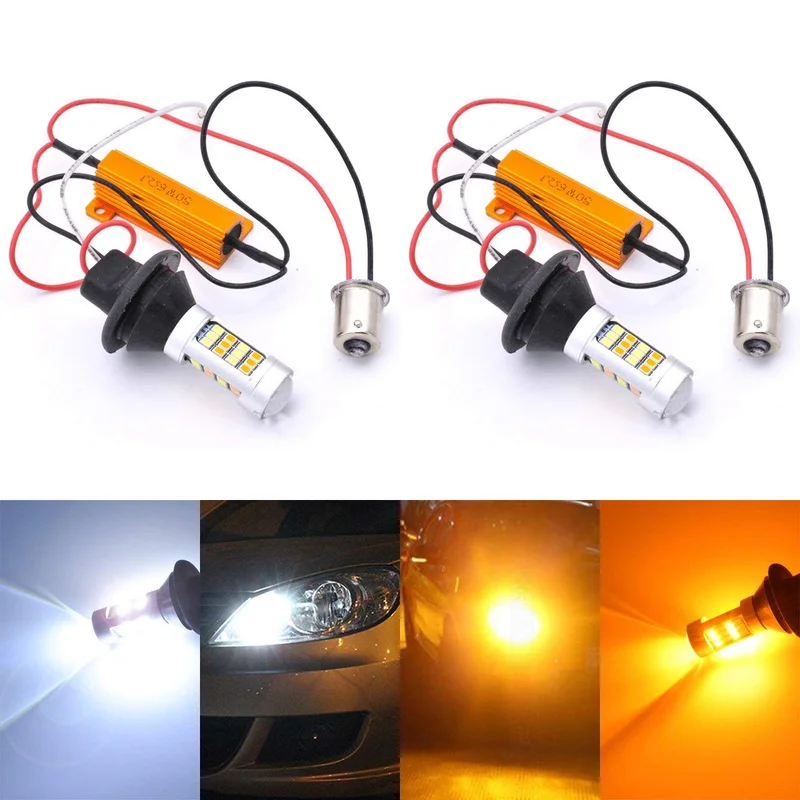 1 zestaw LED samochodów DRL Turn Signal 2 w 1 BA15S BAU15S PY21W Canbus 3030 nie Hyperflash T20 7440 w21w podwójny kolor 42SMD biały bursztyn 12V