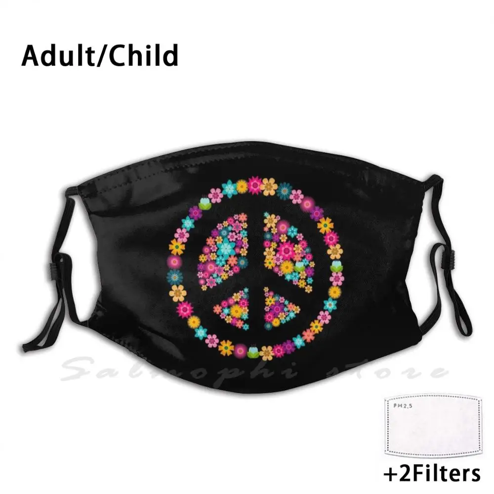 Beautiful Flowers Peace Sign Hippie 60S 70S Spring Protective Fabric Funny Print Reusable Pm2.5 Filter Face Mask Peace Sign