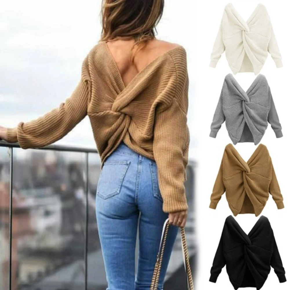 Solid Color V Neck Twisted Back Knot Sweater Women Long Sleeve Jumpers Pullover Girls knit Sweater