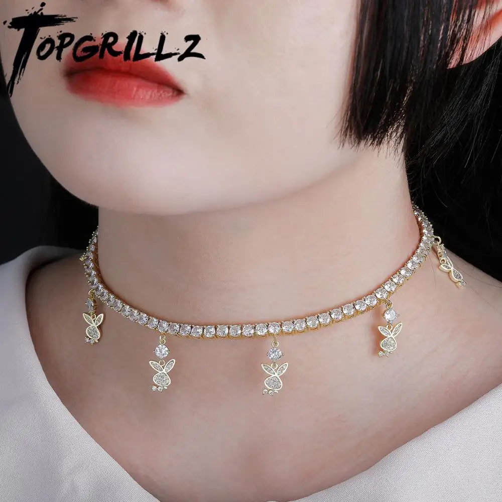 TOPGRILLZ New 4mm Tennis Chain With Rabbit Pendant Bad Bunny Necklace High Quality Hip Hop Fashion Jewelry For Gift