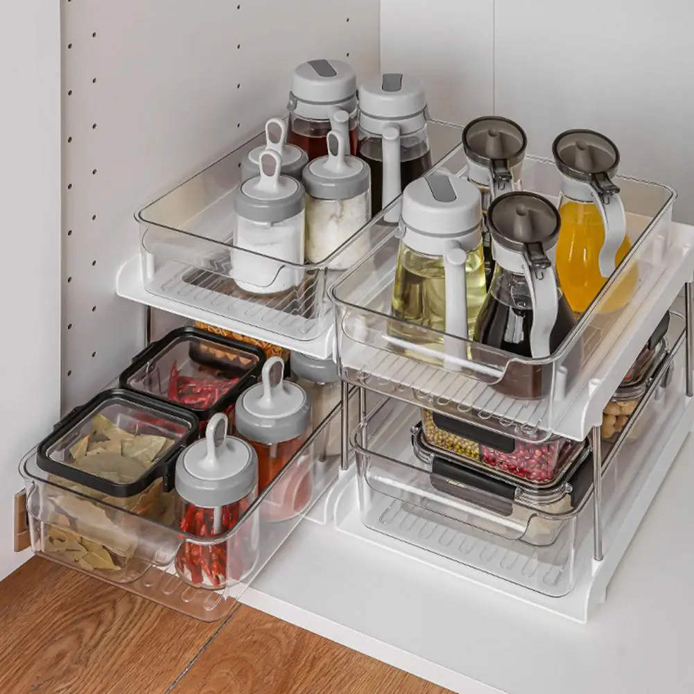 Cabinet Kitchen Storage Multifunction Push-Pull Hard Plastic Condiment Box Drawer Design Bottle Organizer 2-layer Kitchen Cocina