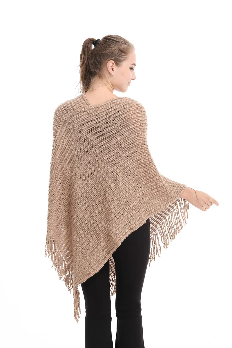 Casual de malha feminina poncho mais sólido cachecol listrado camisola inverno borla fina primavera blusas batwing manga poncho e capa