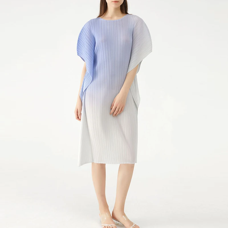 

miyake pleated loose casual dress summer 21 bat sleeve thin temperament elegant pullover plus size ruched dress for woman