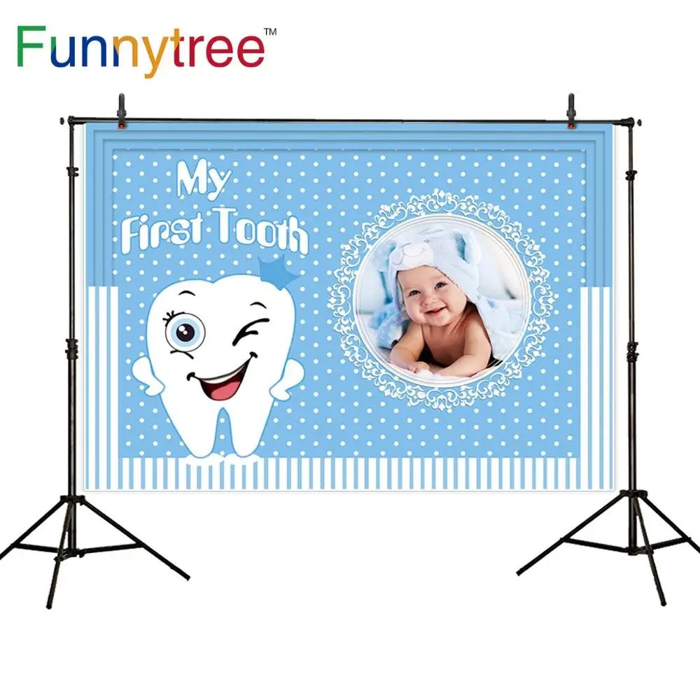 

Funnytree My First Tooth Backdrop ceremony Baby Shower Birthday Background Tooth Fairy Blue Boy Photocall Photozone Decor Banner