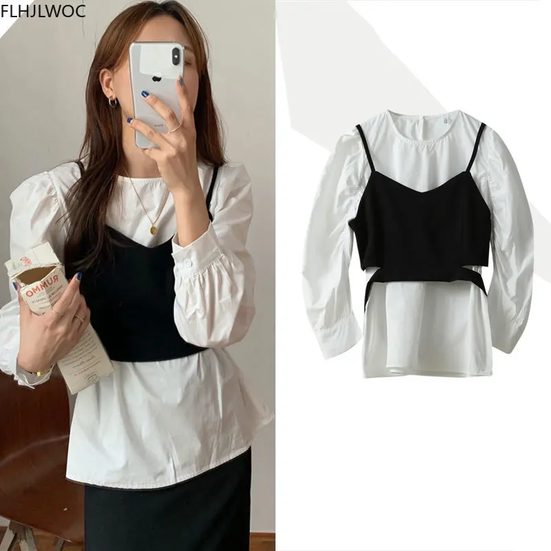 2020 Autumn Design Logn Sleeve Korean Chic Tops Cute Sweet Preppy Style Girls Solid White Black Two Piece Outfits Top Blouses