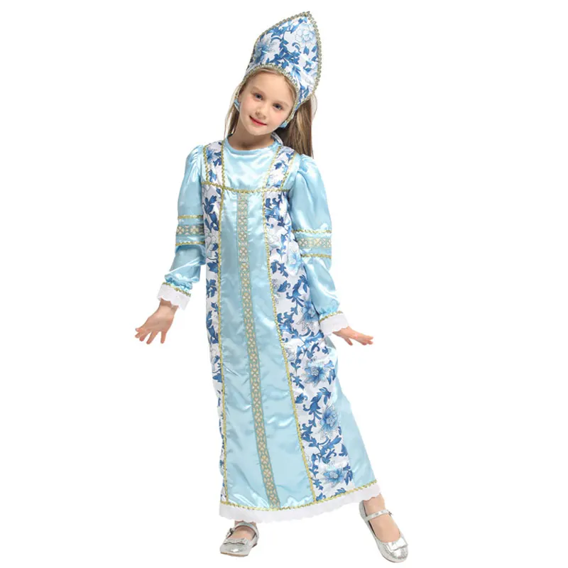 Kids Russian Child Traditional Folk Kokoshnik Sarafan Clothing for Girls Halloween Mardi Gras Carnival Fancy Dress Party Costume