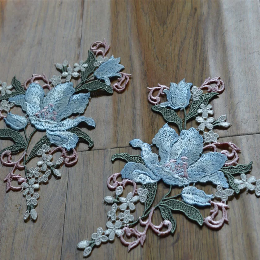 (1Pair/Lot)12cm*18cm Big Pink~Blue Flower Green Leaf Wedding Bridal Embroidery High quality Sewing Lace Applique2020411