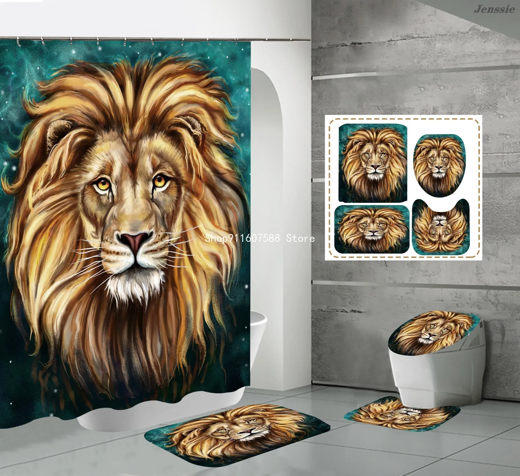 Animal Print Black Shower Curtains Lion Tiger Cheetah 3D Bathroom Curtain Set Anti-slip Bath Mat Soft Toilet Lid Cover Home Rugs