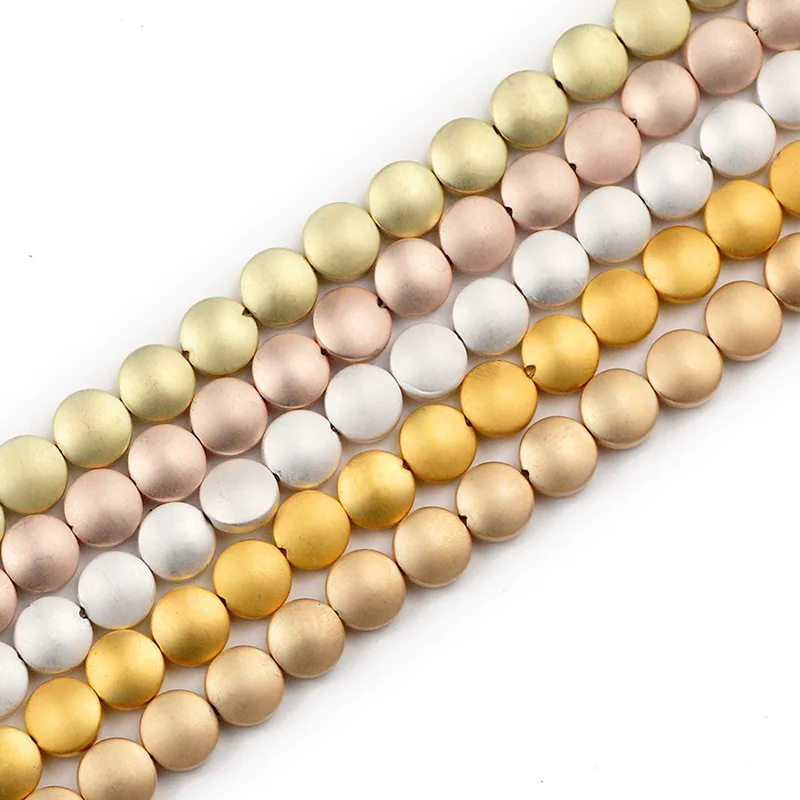 Flat Round Bulge 8mm Hematite Matte Gold Plated Coin Natural Stone Spacers Loose Beads For Jewelry Making Diy Bracelet Necklace