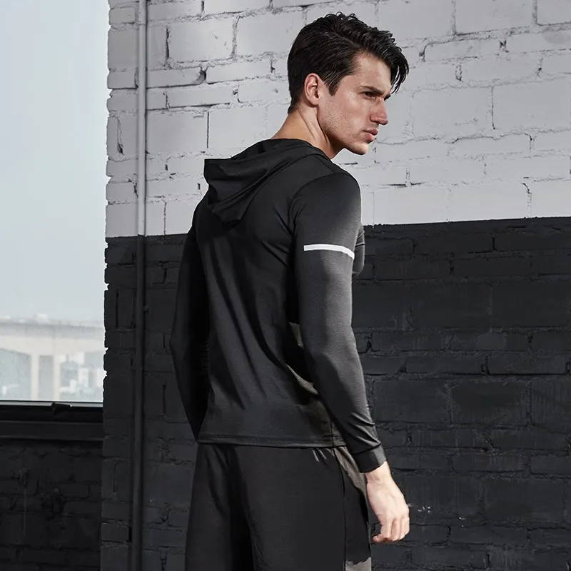 Tops de entrenamiento de gimnasio para hombre, chaquetas con capucha y cremallera para correr, camisas de Fitness de Ciclismo de manga larga, ropa reflectante para culturismo