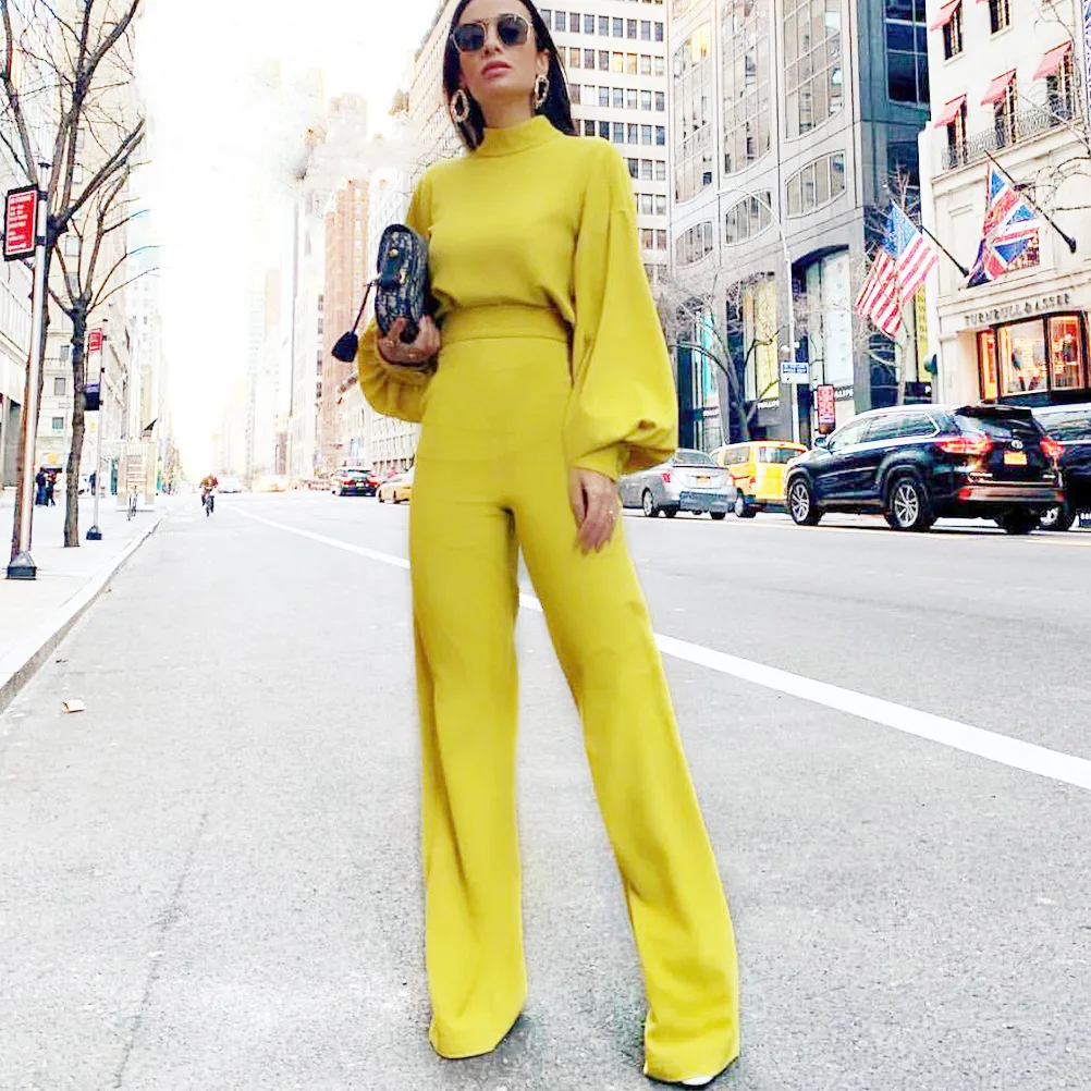 

Women Elegant High Collar Jumpsuit Puff Long Sleeve and Flare Pants Office Ladies Sets Fashion Playsuit Trousers Overalls