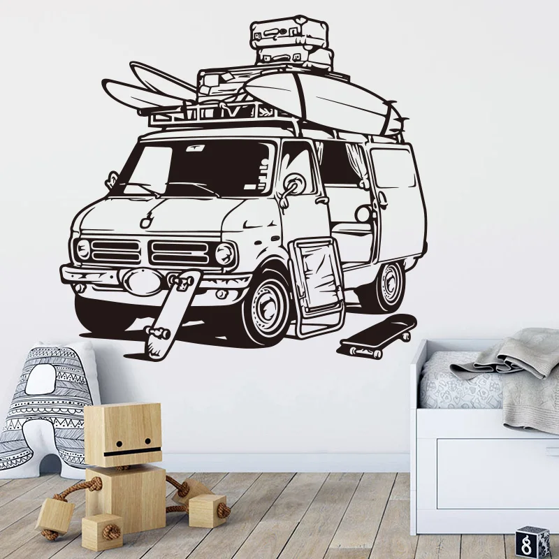 Large American Van Surf Car Wall Sticker Surfing Beach Summer Vehicle Truck Wall Decal Bedroom Living Room Vinyl Home Decor