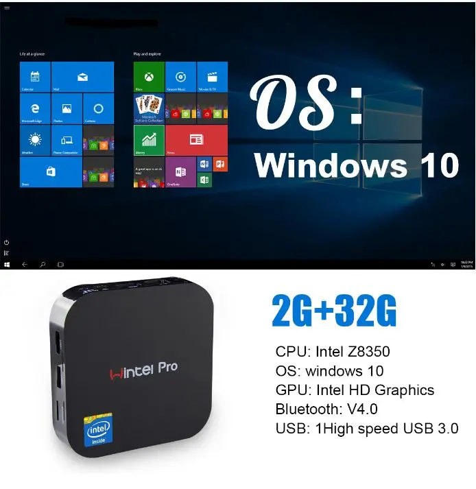 Мини-ТВ-приставка Wintel Pro TV Box Intel Z8350, четырехъядерный, ПК, 2 ГБ 32 ГБ, 4,0, для Windows 10 TV Box W8 PRO