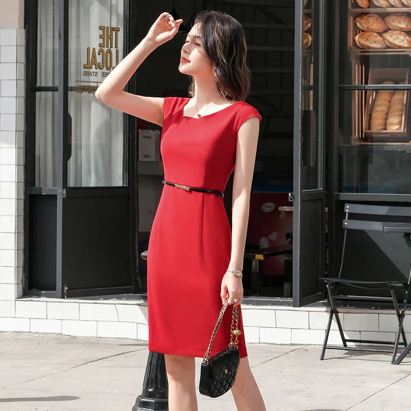 2021 Summer Red Short Sleeve Dresses with Belt Uniform Styles Dress for Women Business Work Wear Ladies Career Interview Dress