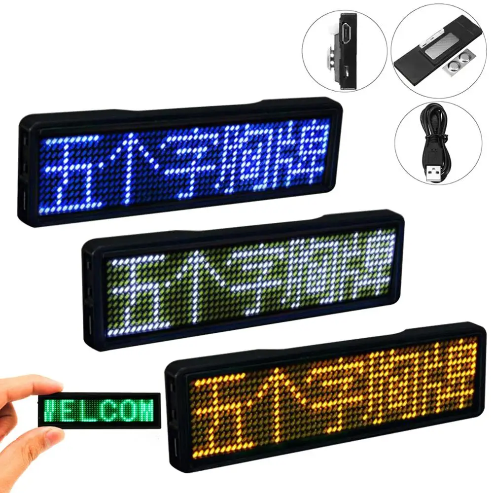 7 Colors Mini LED Digital Rechargeable Scrolling Name Message Tag Sign Programmable Adjustable 4 levels Brightness Chest Card