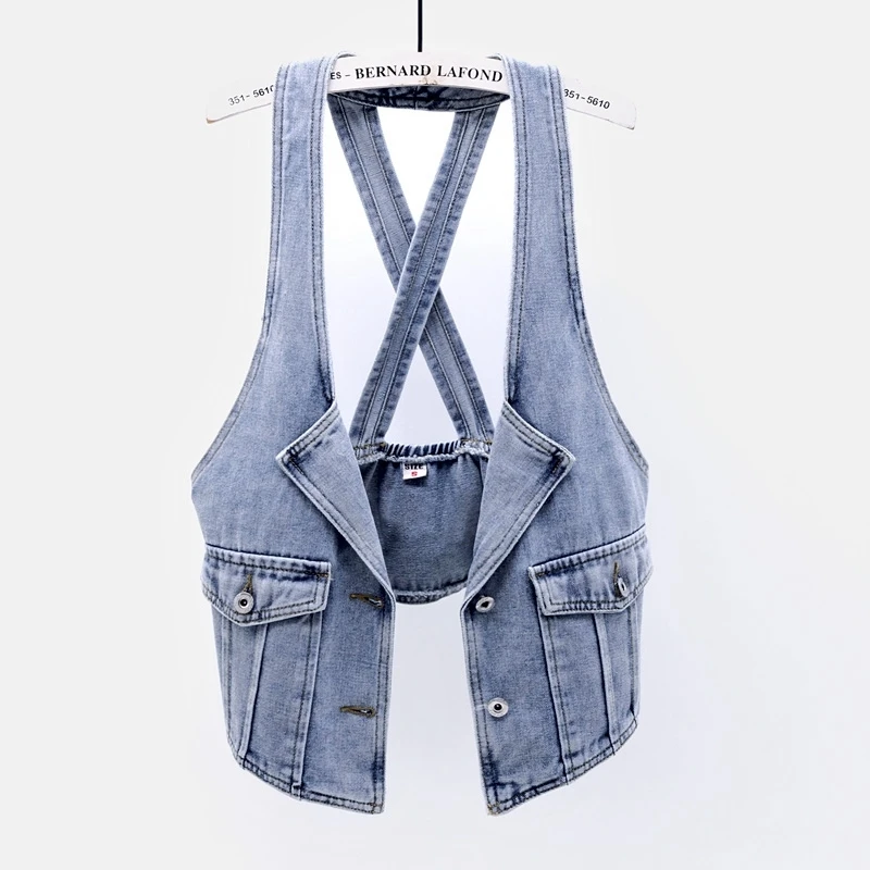 Spring Summer Sling Denim Vest Women Slim Short Student Cowboy Waistcoat Vintage Blue Pocket Sleeveless Jeans Jacket Coat Female