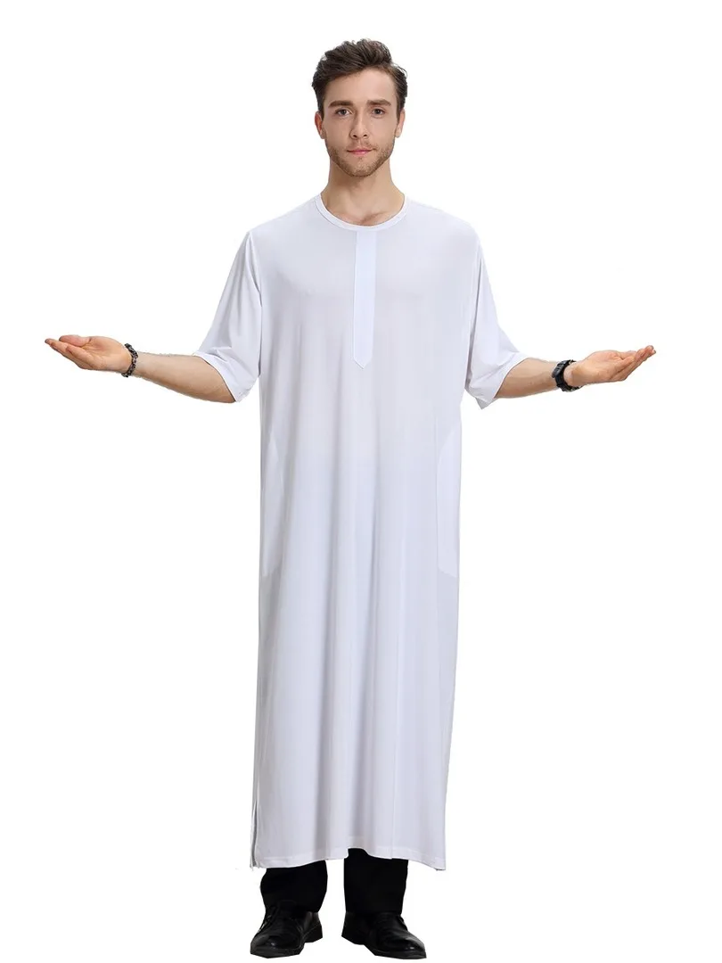 Islamic Men's Clothing Abaya Robe Muslim Jubba Thobe Short Sleeve Loose Shirt Dress Jilbab Moslem Middle East Kaftan Dubai Arab