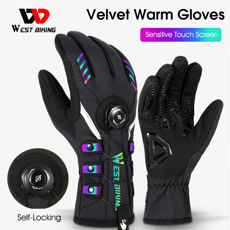 WEST BIKING Adjustable Self-locking Cycling Gloves Men Women Reflective MTB Bike Gloves Touch Screen Sport Ski Bicycle Gloves