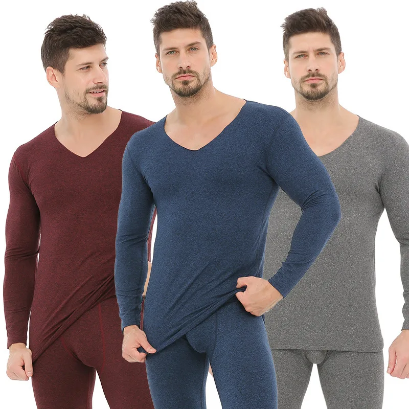 Men\'s Thermal Underwear Autumn Winter Long Johns Thermal Underwear Tops and Bottoms Set V-Neck Seamless Underwear for Man